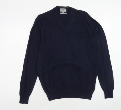 Marks & Spencer Mens Blue V-Neck Cotton Pullover Jumper Size S Long Sleeve