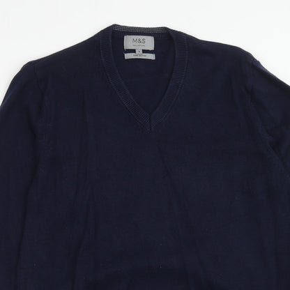 Marks & Spencer Mens Blue V-Neck Cotton Pullover Jumper Size S Long Sleeve