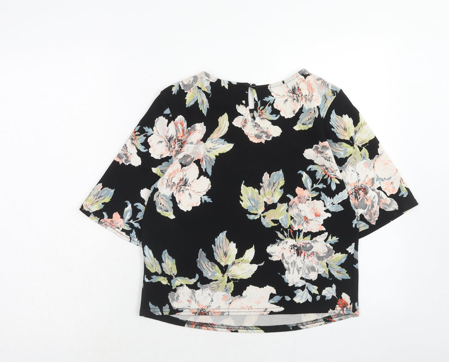 New Look Womens Black Floral Polyester Basic Blouse Size 8 Round Neck