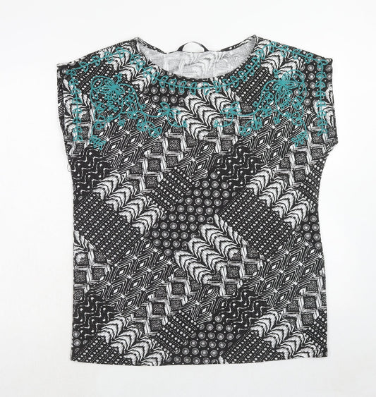 Bonmarché Womens Black Geometric Polyester Basic T-Shirt Size 14 Round Neck