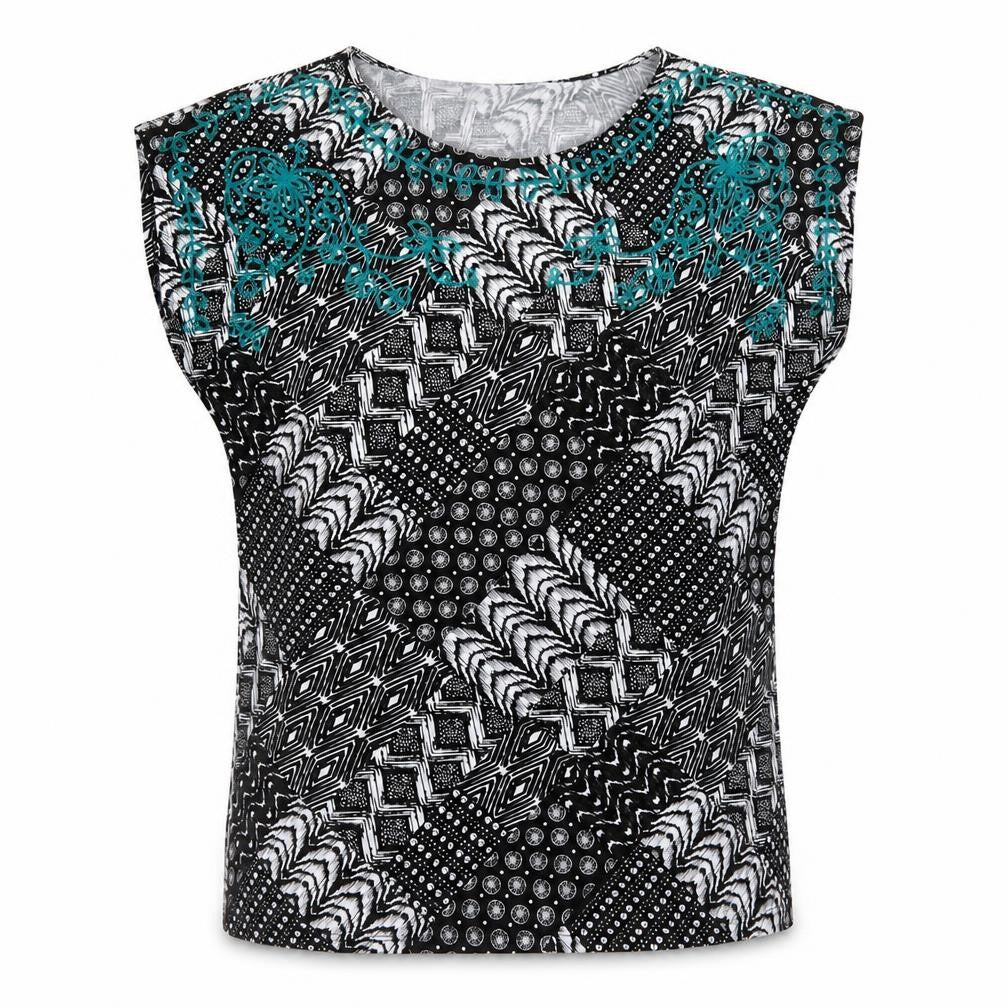 Bonmarché Womens Black Geometric Polyester Basic T-Shirt Size 14 Round Neck