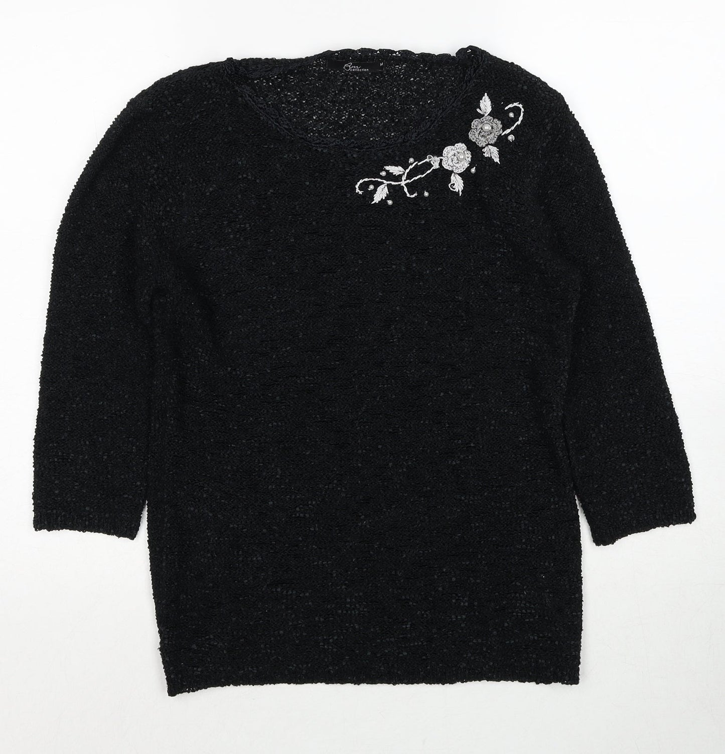 Bonmarché Womens Black Round Neck Floral Polyester Pullover Jumper Size M
