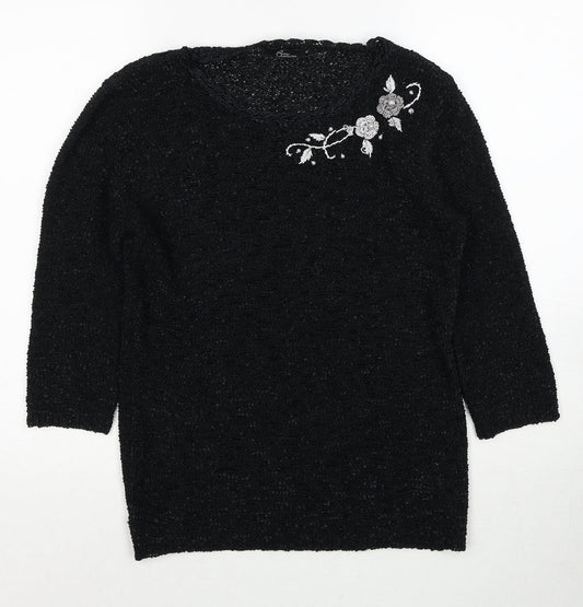 Bonmarché Womens Black Round Neck Floral Polyester Pullover Jumper Size M
