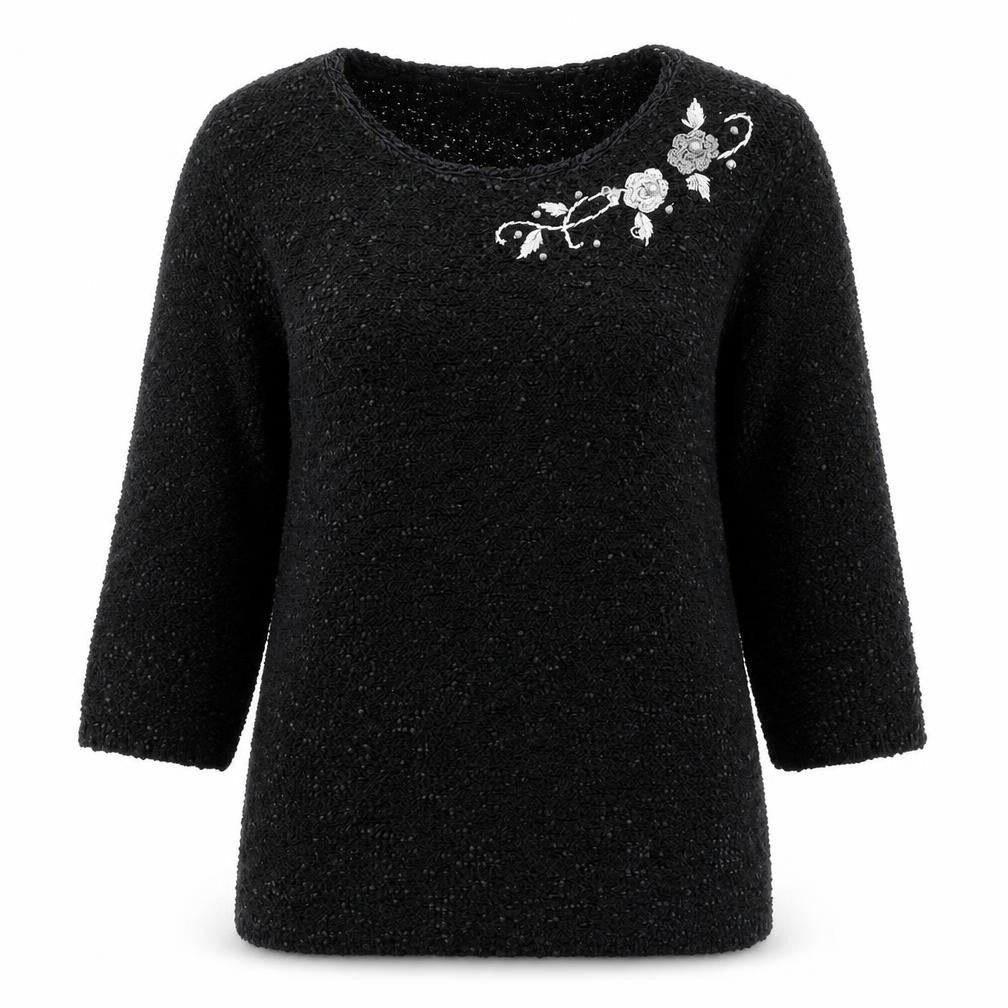 Bonmarché Womens Black Round Neck Floral Polyester Pullover Jumper Size M