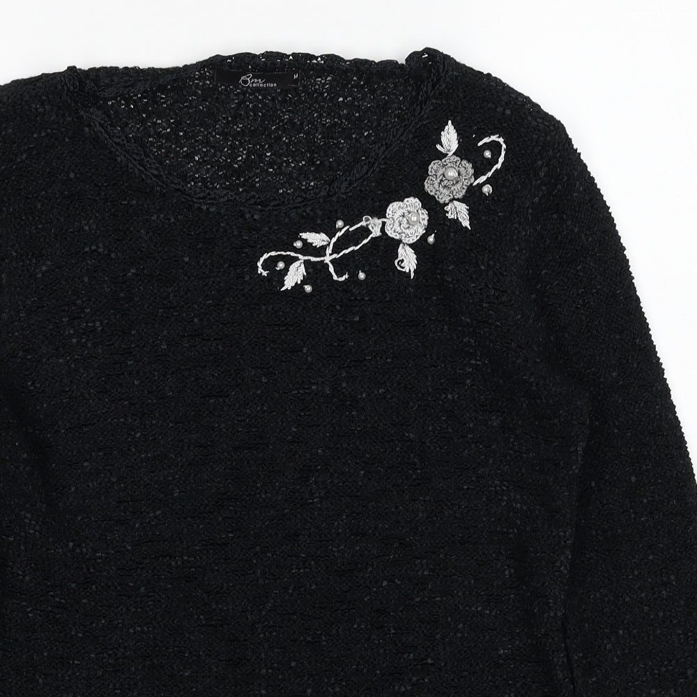 Bonmarché Womens Black Round Neck Floral Polyester Pullover Jumper Size M