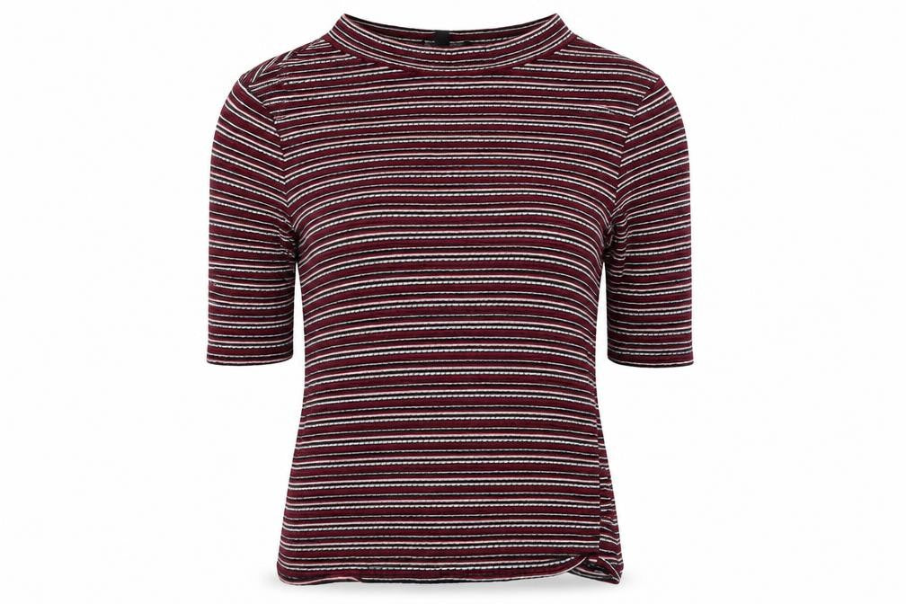 New Look Womens Red Striped Cotton Basic T-Shirt Size 6 Round Neck