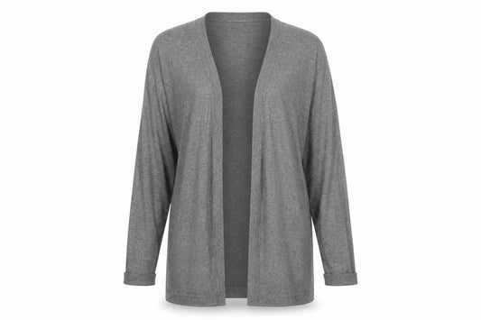 Front view of C&A women’s grey v-neck viscose cardigan jumper, size S, - open
