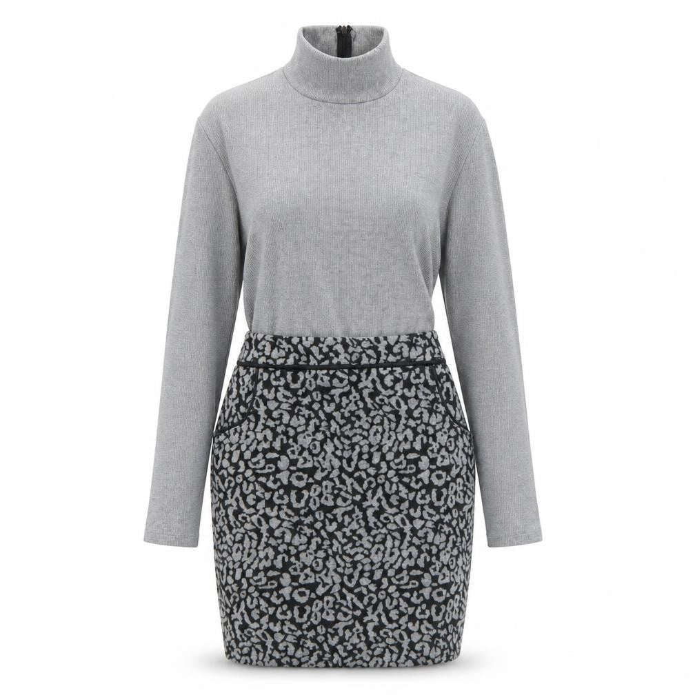 Select Womens Grey Animal Print Polyester A-Line Size 6 Mock Neck Zip - Leopard Pattern