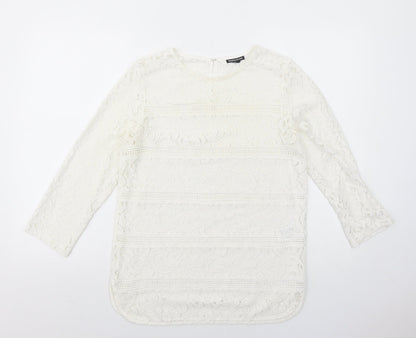 Warehouse Womens White Geometric Polyamide Basic Blouse Size 10 Round Neck