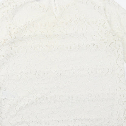 Warehouse Womens White Geometric Polyamide Basic Blouse Size 10 Round Neck