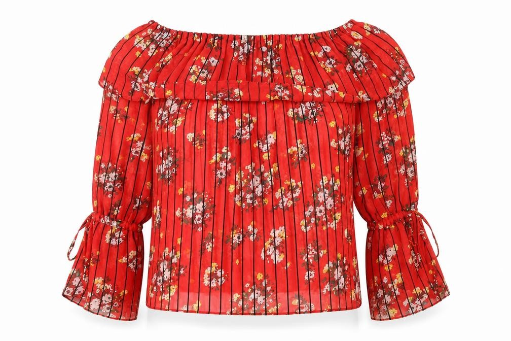 Miss Selfridge Womens Red Floral Polyester Basic Blouse Size 6 Off the Shoulder