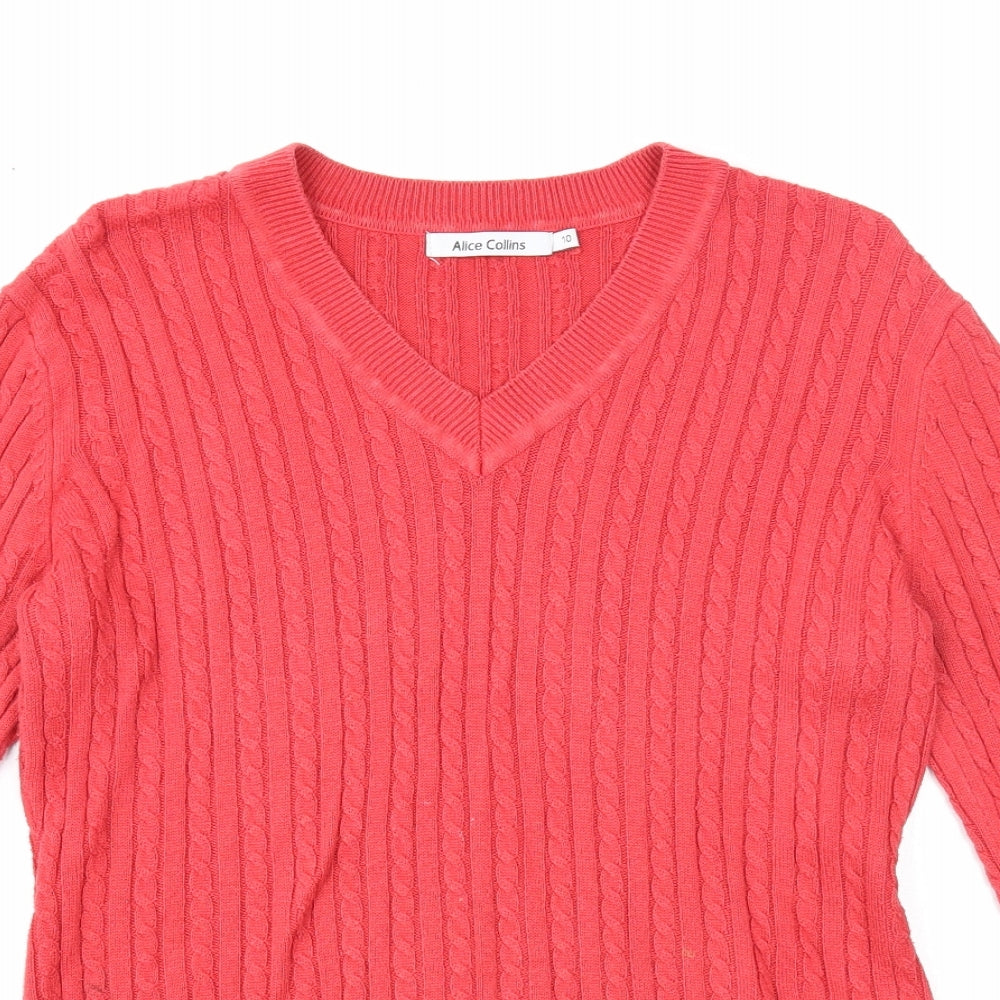 Alice Collins Womens Red V-Neck Cotton Pullover Jumper Size 10