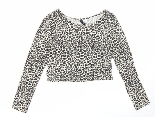 Divided Womens Beige Animal Print Cotton Basic T-Shirt Size M Round Neck - Leopard Print