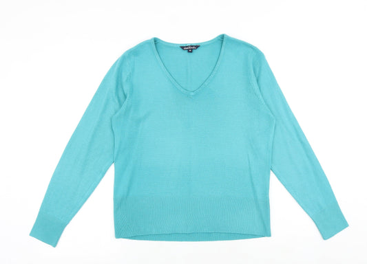 SARAH HAMILTON Womens Blue V-Neck Acrylic Pullover Jumper Size M