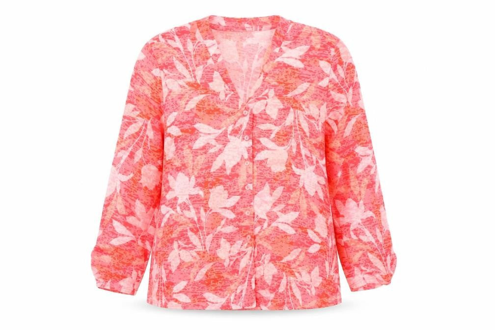 Marks & Spencer Womens Red Floral Polyester Basic Button-Up Size 12 V-Neck