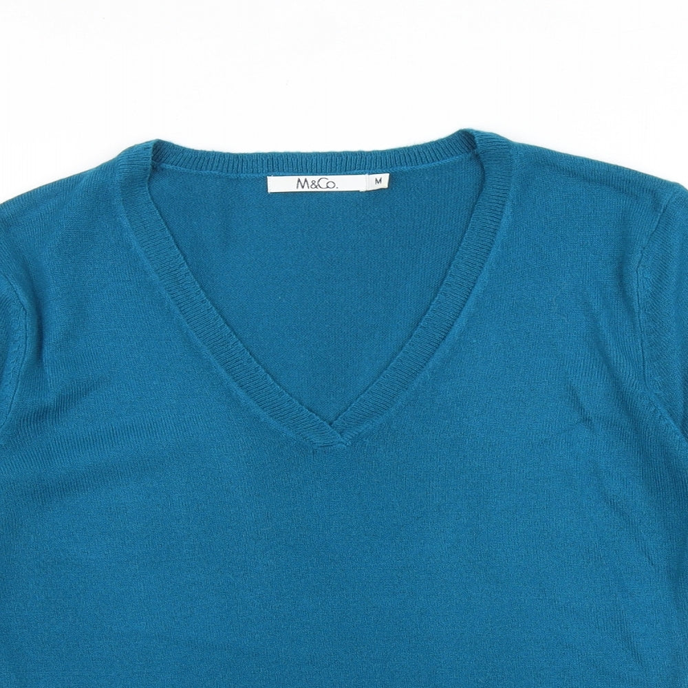 M&Co Womens Blue V-Neck Acrylic Pullover Jumper Size M