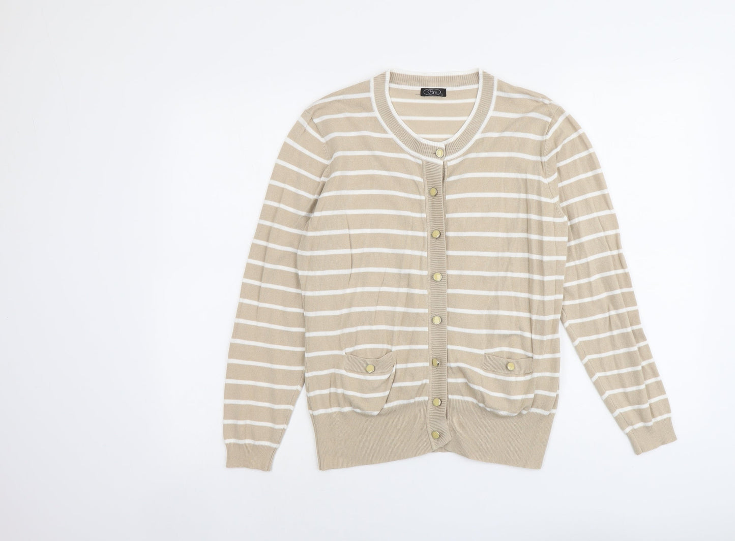 Bonmarché Womens Beige Round Neck Striped Viscose Cardigan Jumper Size S