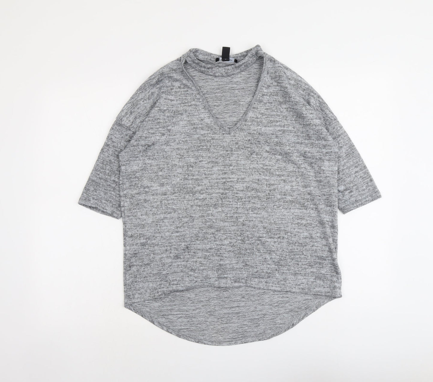 New Look Womens Grey Geometric Polyester Basic T-Shirt Size S V-Neck
