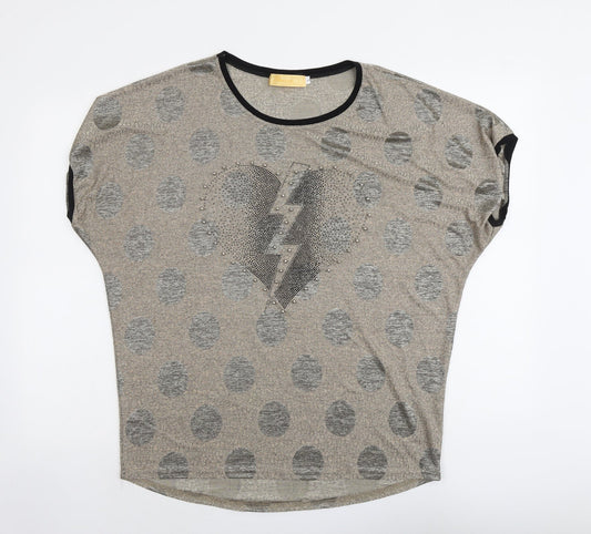 Shannon Womens Beige Polka Dot Polyester Basic T-Shirt Size L Round Neck