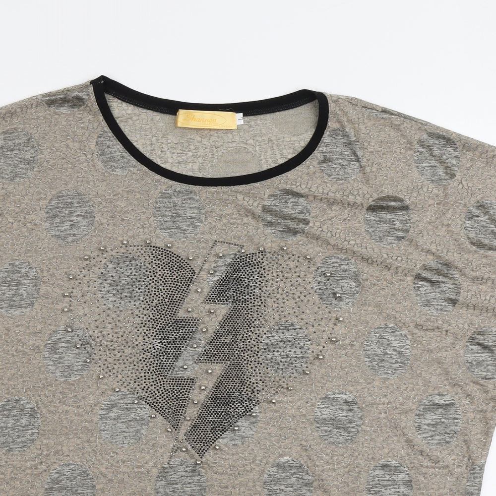 Shannon Womens Beige Polka Dot Polyester Basic T-Shirt Size L Round Neck