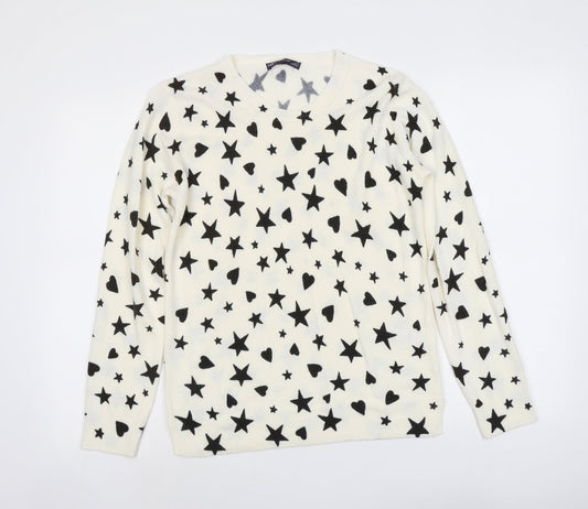 Marks and Spencer Womens Ivory Round Neck Geometric Acrylic Pullover Jumper Size 12 - Star Heart