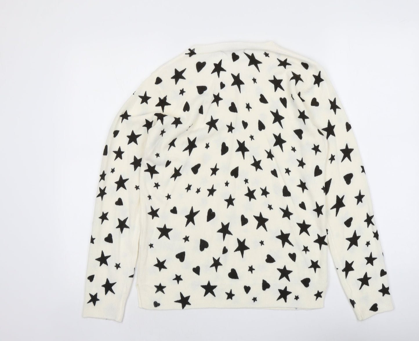 Marks and Spencer Womens Ivory Round Neck Geometric Acrylic Pullover Jumper Size 12 - Star Heart