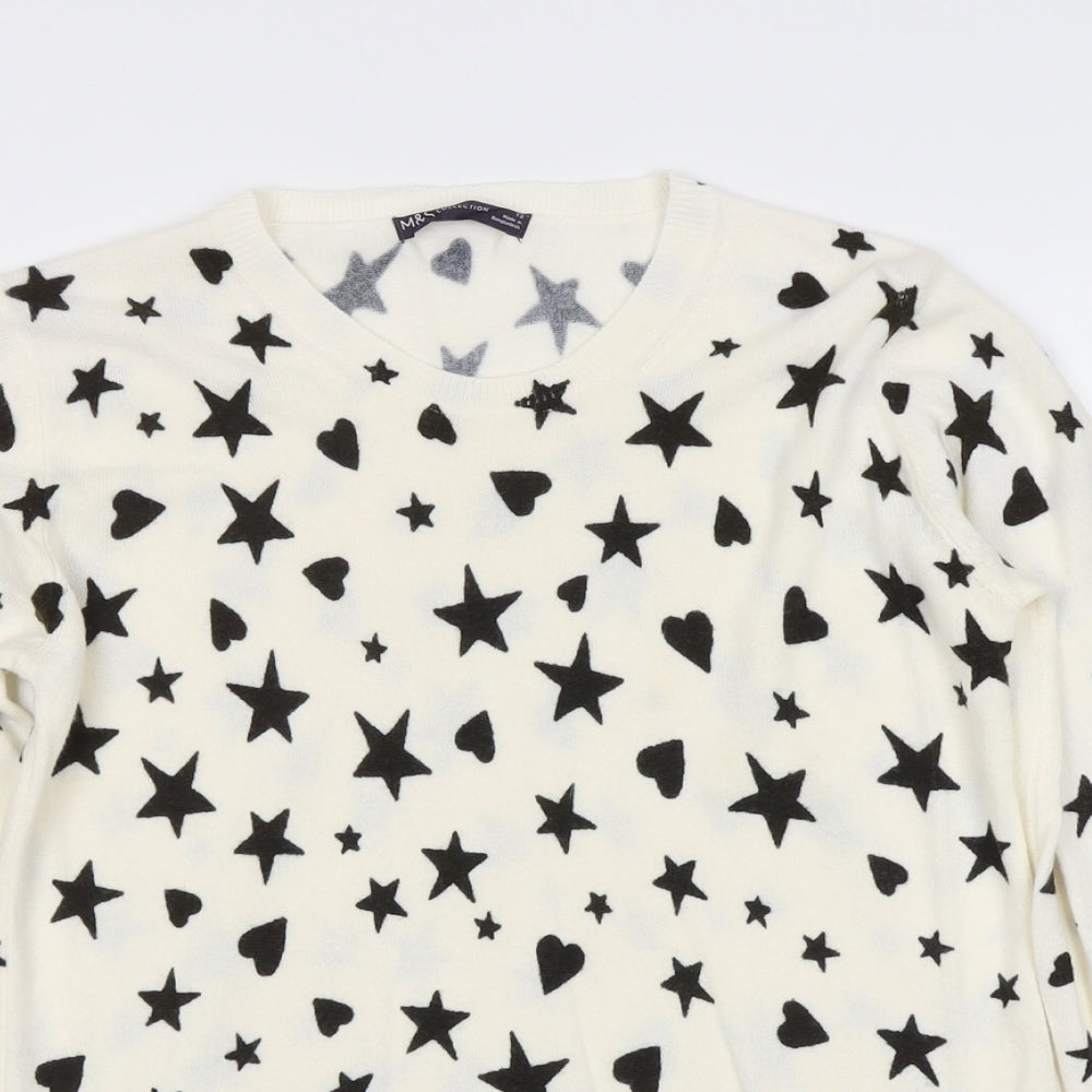Marks and Spencer Womens Ivory Round Neck Geometric Acrylic Pullover Jumper Size 12 - Star Heart