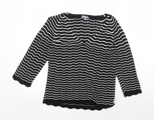 Marks and Spencer Womens Black V-Neck Striped Acrylic Pullover Jumper Size 12
