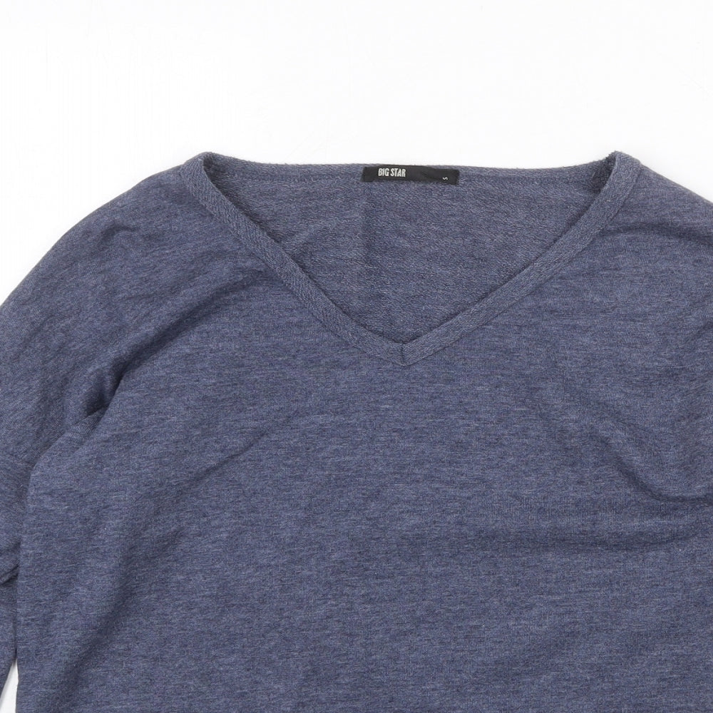 BIG STAR Womens Blue V-Neck Cotton Pullover Jumper Size S