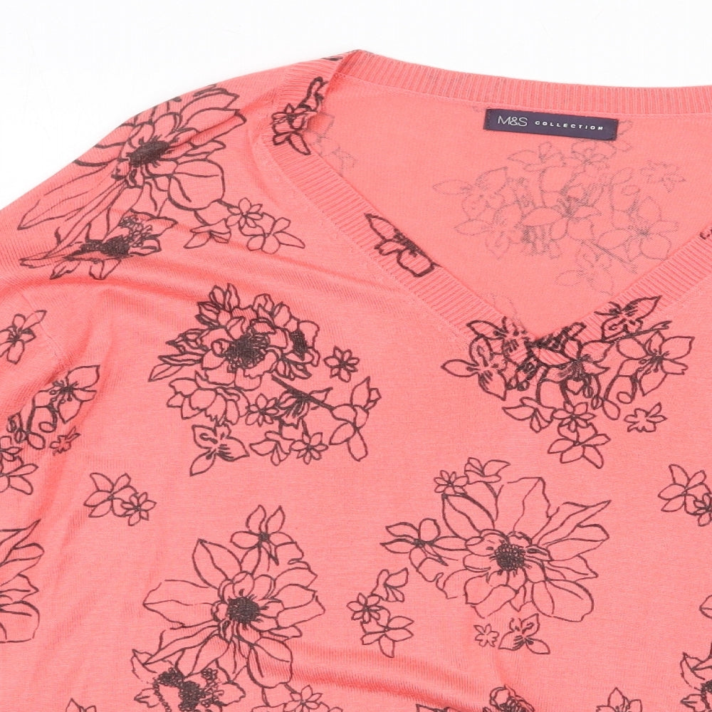 Marks and Spencer Womens Pink V-Neck Floral Acrylic Pullover Jumper Size M