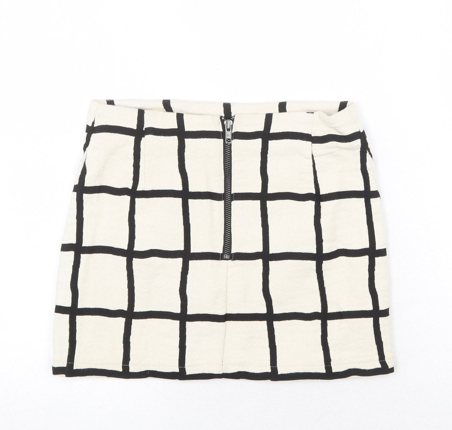 Topshop Womens Ivory Check Cotton A-Line Skirt Size 8 Zip