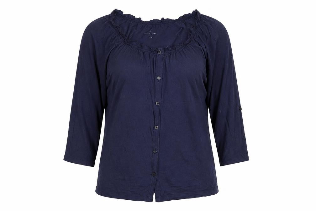 New York & Company Womens Blue Cotton Basic Button-Up Size S Round Neck