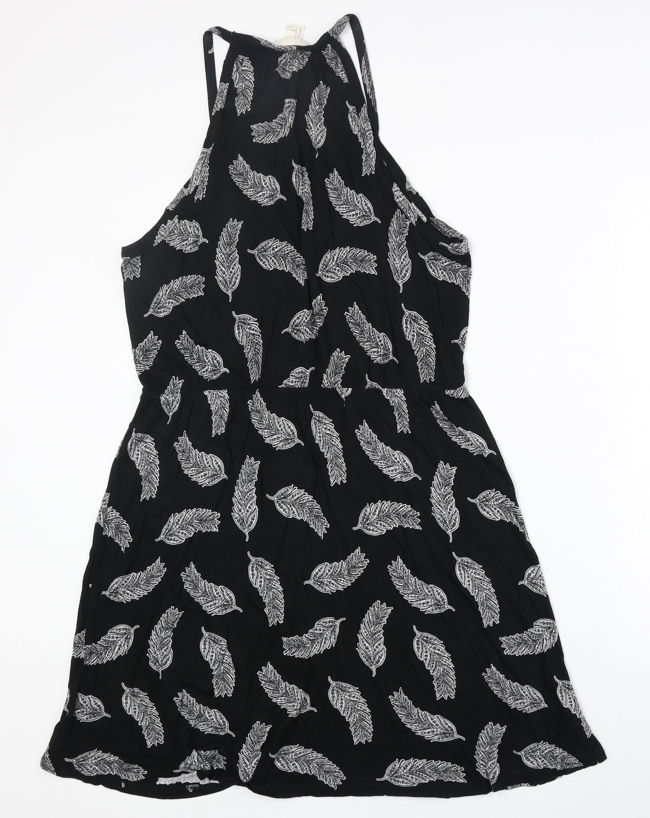 H&M Womens Black Geometric Viscose A-Line Size M V-Neck Pullover - Feather Pattern