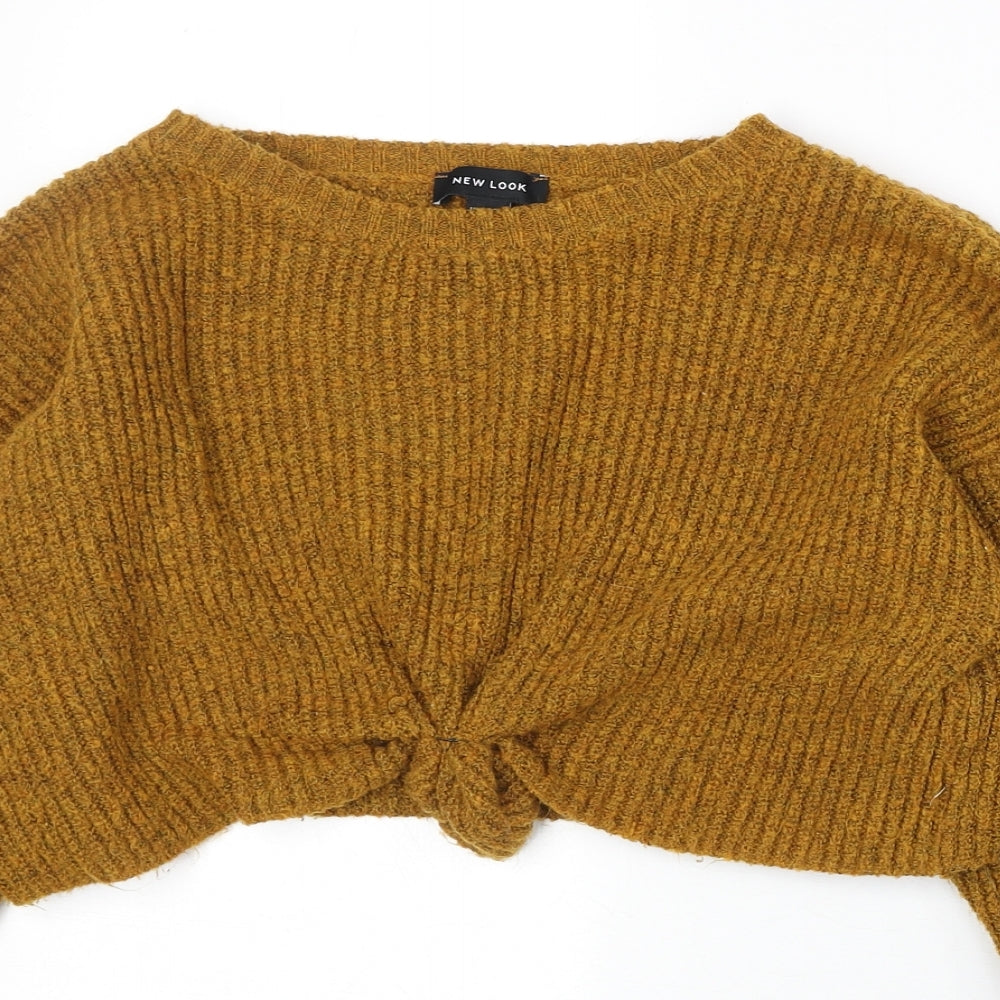 New Look Womens Yellow Boat Neck Acrylic Pullover Jumper Size M - Knot Front