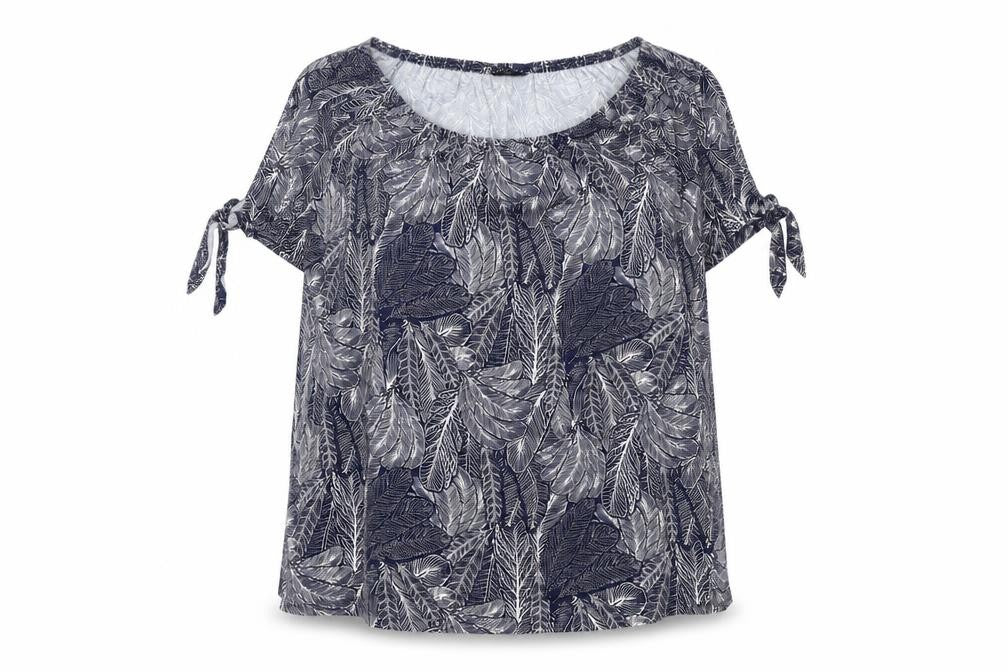 M&Co Womens Blue Geometric Viscose Basic T-Shirt Size 14 Round Neck