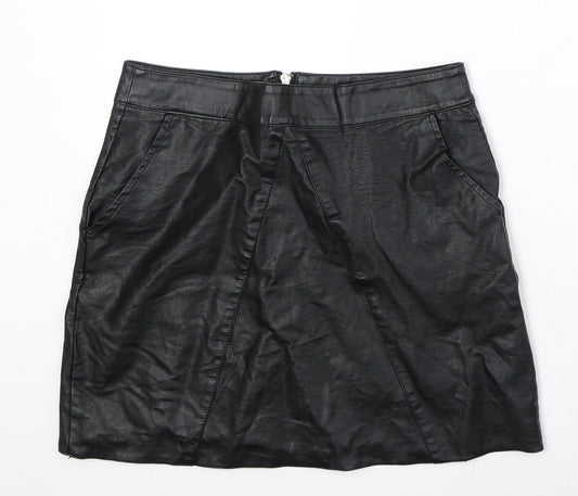 Vera & Lucy Womens Black Polyurethane A-Line Skirt Size L Zip
