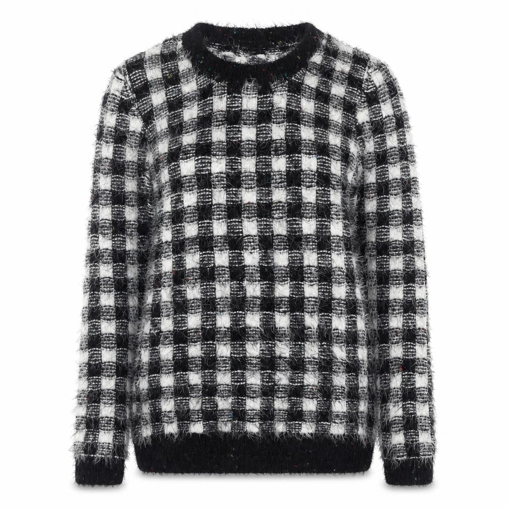 Miyoko Womens Black Round Neck Check Polyester Pullover Jumper Size S