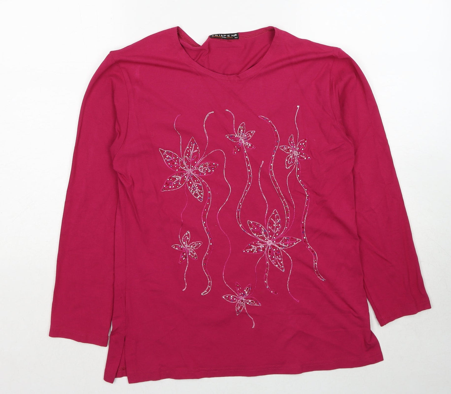 Tri&Pen Womens Pink Polyester Basic Blouse Size M Round Neck - Flower Detail