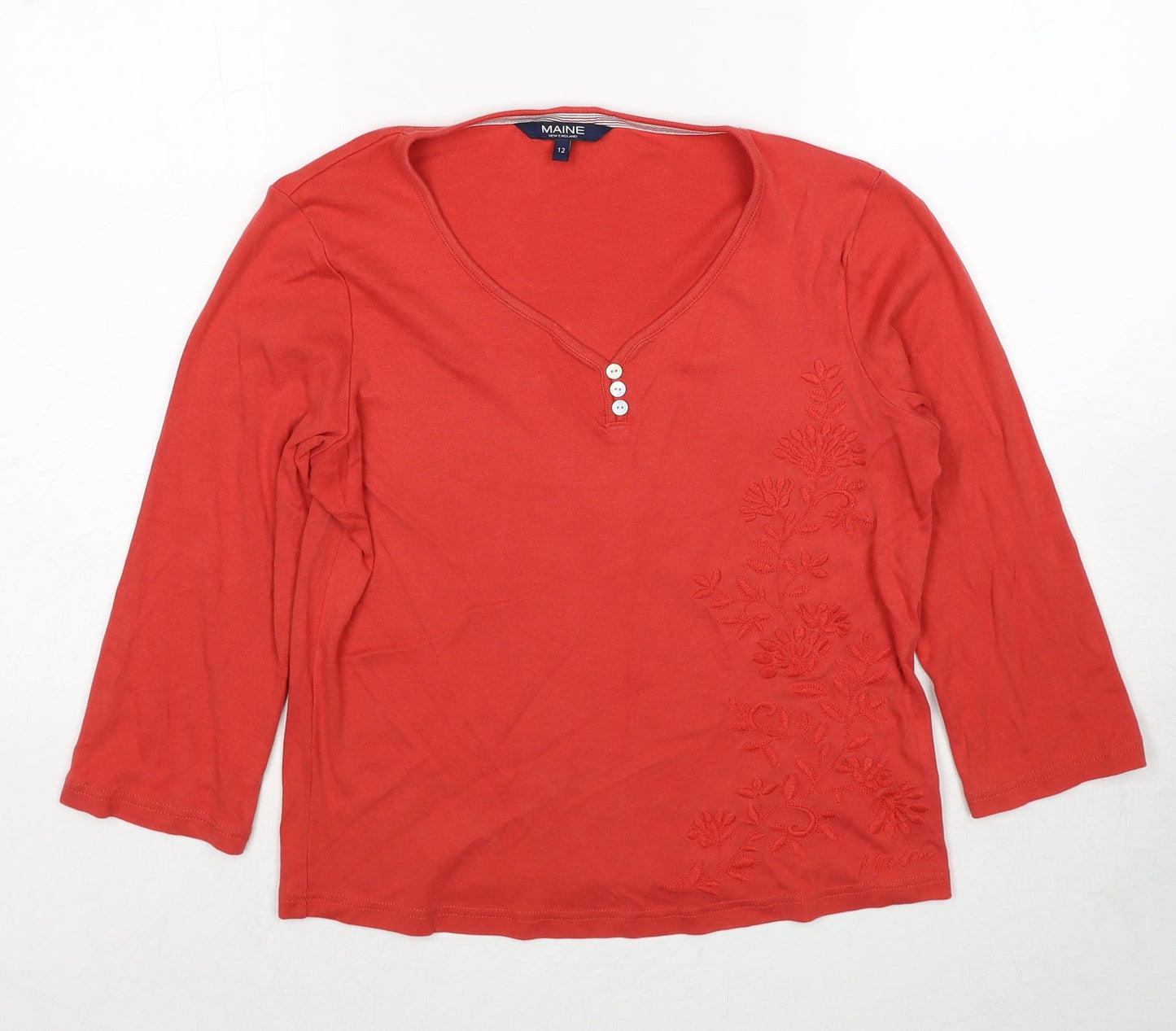 Debenhams Womens Orange Cotton Basic Blouse Size 12 V-Neck - Flower Detail