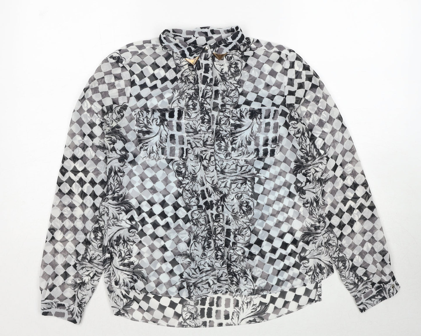Topshop Womens Black Geometric Polyester Basic Button-Up Size 6 Collared
