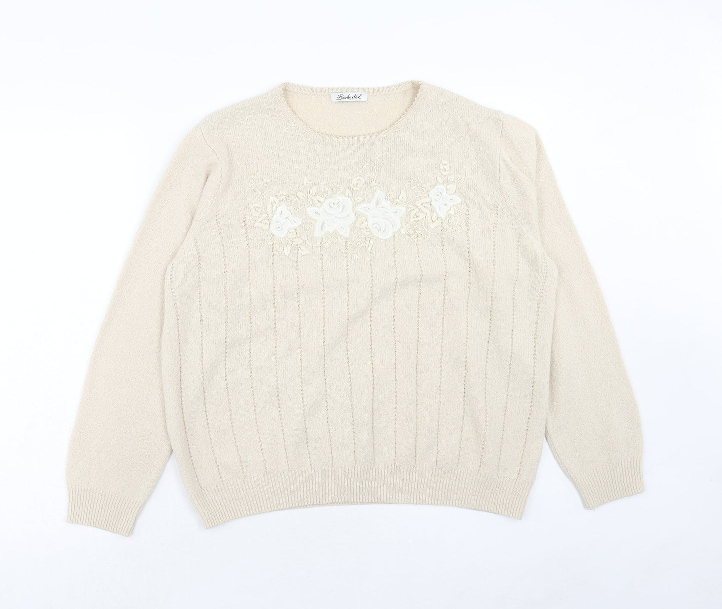 Berkertex Womens Beige Round Neck Acrylic Pullover Jumper Size 18 - Floral Detail