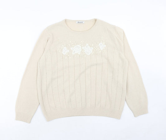 Berkertex Womens Beige Round Neck Acrylic Pullover Jumper Size 18 - Floral Detail