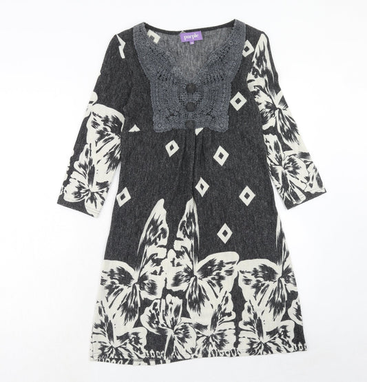 Purple Womens Grey Geometric Acrylic Jumper Dress Size XS V-Neck Pullover