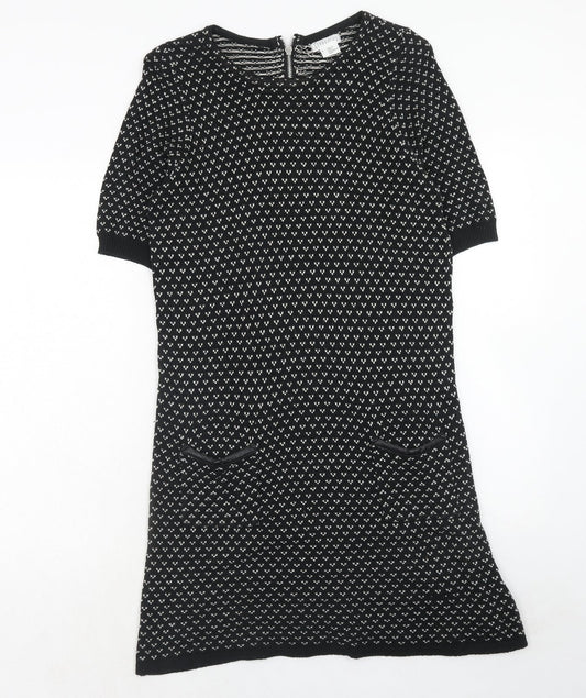 Cooperative Womens Black Geometric Cotton Jumper Dress Size L Round Neck Zip