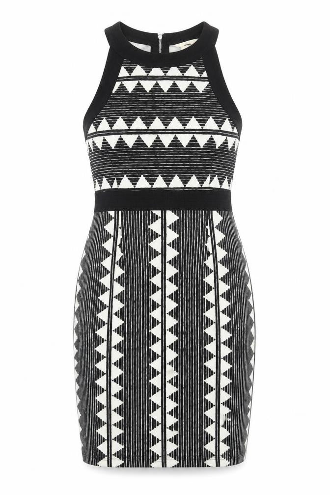 H&M Womens Black Geometric Polyester Bodycon Size M Round Neck Zip