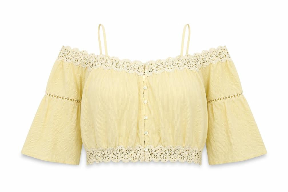 Topshop Womens Yellow Cotton Cropped Blouse Size 10 Off the Shoulder