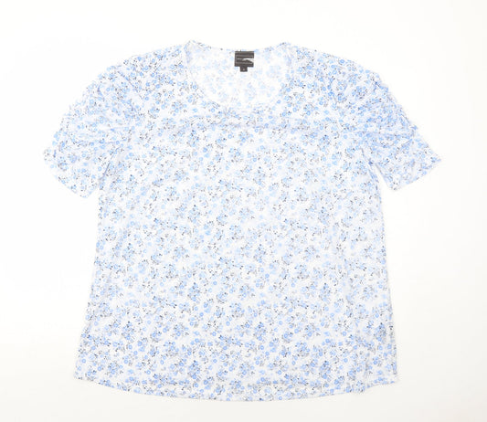 Anne De Lancay Womens Blue Floral Polyester Basic T-Shirt Size L Round Neck