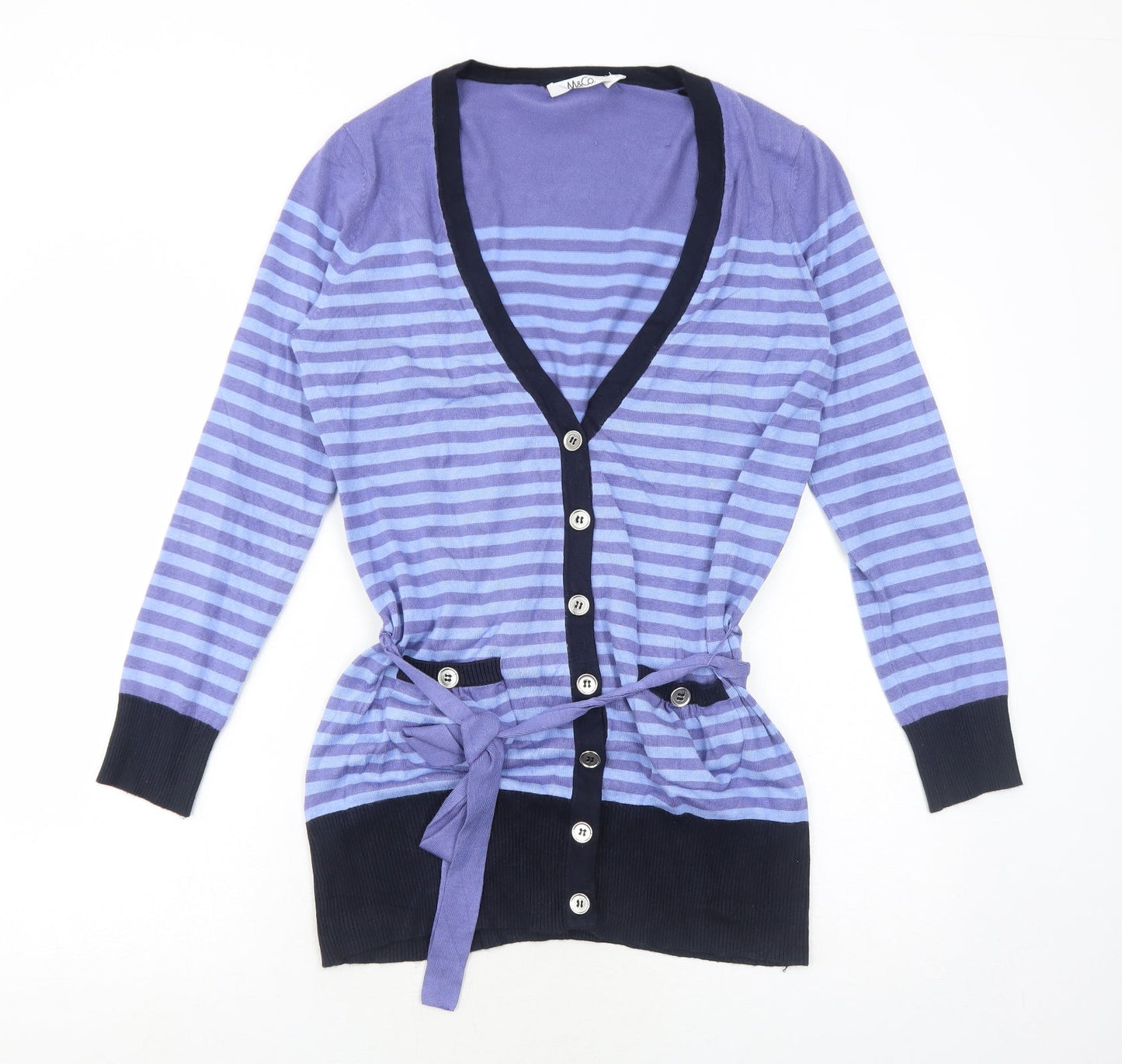 M&Co Womens Blue V-Neck Striped Viscose Pullover Jumper Size L