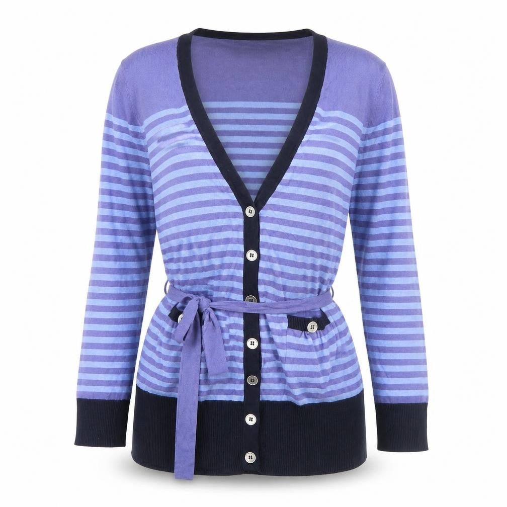 M&Co Womens Blue V-Neck Striped Viscose Pullover Jumper Size L