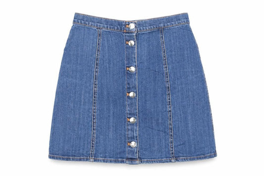 H&M Womens Blue Cotton A-Line Skirt Size 8 Button